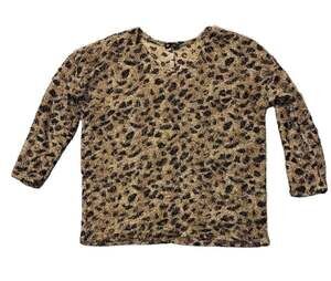 Vision USA Women's Brown Animal Print Eyelash Fringe Long Sleeve Top Size L